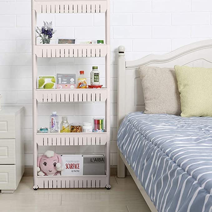 Image of 5 Layer Storage Organizer Slim Rack and Shelf with Wheels for Easy Slide| Unbreakable Plastic, white