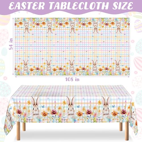 Image of QZYL 2 Pack Easter Tablecloth Disposable, 54 inch x 108 inch Easter Decorations for Table, Plastic Table Cloths with Colorful Eggs Bunny Flower, Rectangular Spring Tablecloths for Party Decorations Supplies