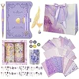 Hokoad Diy Junk Journal Kit, Scrapbook Supplies Kit Includes B6 Diary with Lock and Key Flower Stickers Tape Roller, Stationary Diary Supplies Birthday Craft Gifts for Scrapbookers, Purple