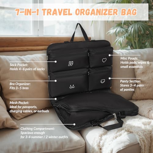 Hanging Packing Cubes,Garment Bags for Travel and Storage, Travel Apparel Bags for Men Women with 5 Solid Color Pockets, Storage Bags for Clothes, Socks,Underwear for Carry on Suitcase (Black)4