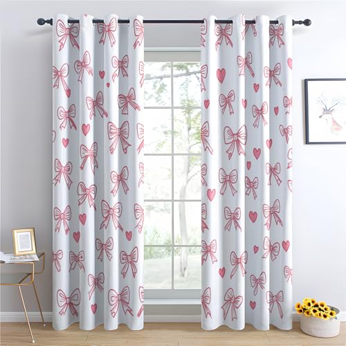 Bow Curtains Bedroom, 66x72 - Pink Heart Girly Blackout Curtains & Decor, Living Room, Eyelet Patterned Window Drapes, 72 Inch Drop 2 Panels (JZE62) - Image 3