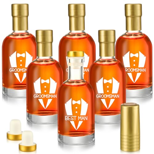 Nitial 6 Set Groomsmen Proposal Gifts Clear Glass Groomsmen Liquor Bottles 6.8 Oz 200 ml with Cork Stopper Airtight Lid Wedding Groomsmen Gifts Best Man Gift for Groomsman for Wedding Party Favor