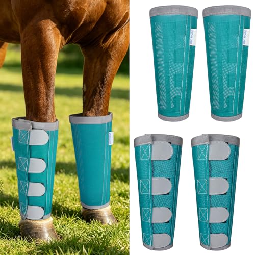 Image of Reflective Horse Fly Boots Set of 4, Loose Fitting Leggings for Horses, Equine Fly Leg Wraps Socks for 4 Legs, Breathable Adjustable and Universal Fit, Reliable Stay Put and on (Turquoise)