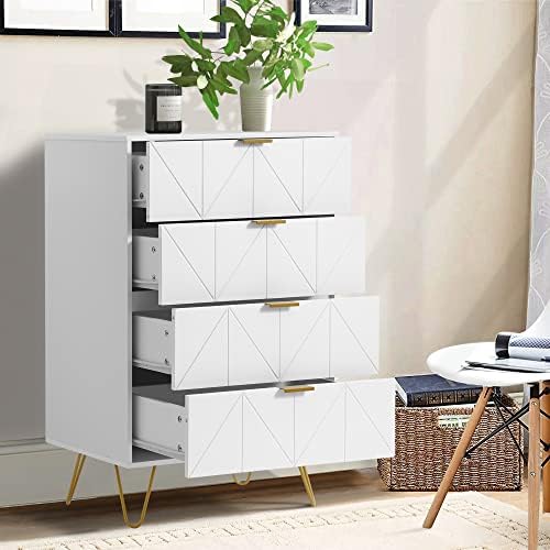 YOCONYO 4 Drawer Dresser, Chest of Drawers with Sturdy Frame & Wooden Top, Closet Dressers Tall Storage Chest Cabinet Organizer with Metal Handle for Bedroom, Hallway, Living Room, White