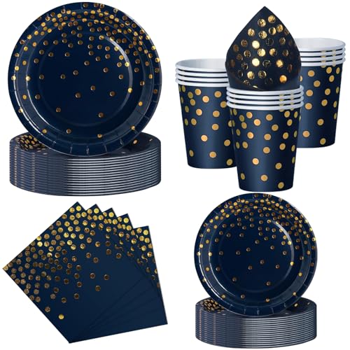 Nkaiso Platos y Vasos Desechables, 50 Piezas Azul Marino Oro Vajilla de Fiesta, 10x 23cm & 10 x 18cm Platos de Carton, 10 Vasos, 20 Servilletas - Para Bodas, Cumpleaños, Eventos -10 Invitados