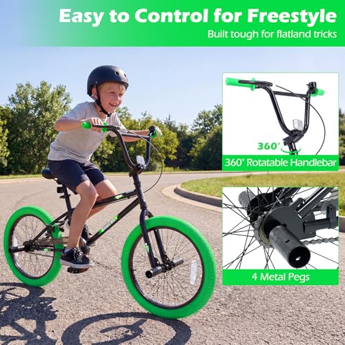 Image of Goplus Freestyle BMX Bike, 20 inch Trick Bicycle w / 360 Degree Steering, 4 Pegs, Adjustable Seat, U-Brake, Hi-Ten Steel Frame, Training Bike for Beginner Riders Teens Youth Boys Girls