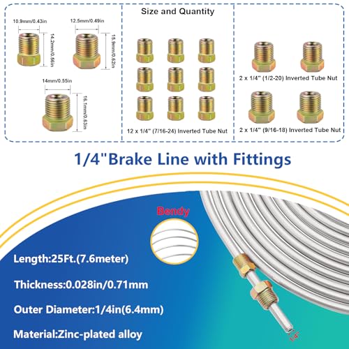 smseace 26Pack 1/4 Inch Brake line kit Includes 25FT Zinc-Plated Brake Lines with Fittings(16pcs Fittings,2pcs Union+4pcs Nut)，Brake line Bender，Single Flaring Tool，Pipe Cutter 1/4 Inch Brake Lines by smseace - Image 2