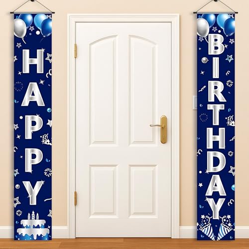 Blue Happy Birthday Door Banner Decorations Silver Letters Birthday Banner Porch Sign for Men Boys Outdoor Indoor Party Backdrop Decorations Supplies