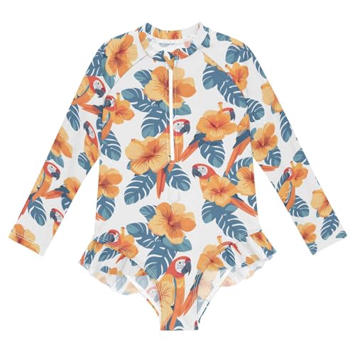 ALAZA Yellow Flower Parrot Bird White Girls One Piece Swimsuit Long Sleeve Rash Guard Swimsuits UV 50+ Swimwear Zipper
