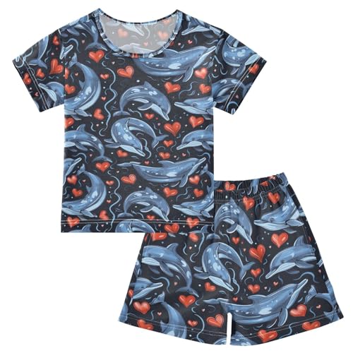 ALAZA Dolphins and Hearts Pajama Set Short Sleeve Sleepwear Soft Lounge Nightwear