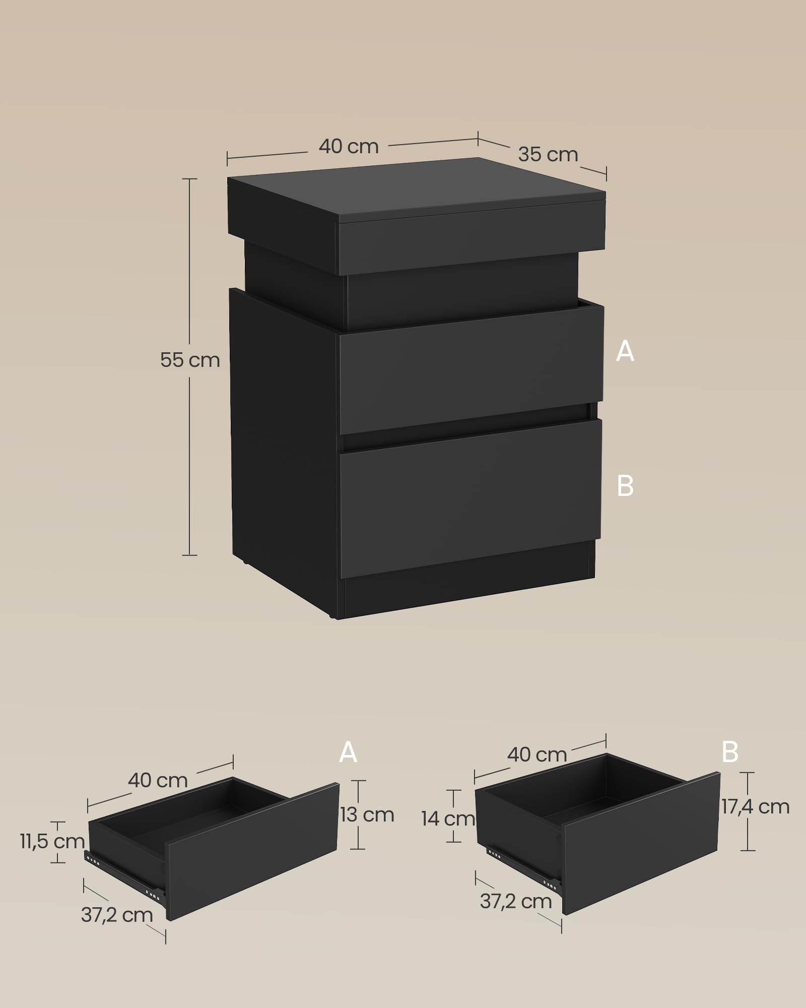 VASAGLE KAILYN Collezione - Comodini con Multipresa, Set di 2, Tavolini con Piano Scorrevole, 2 Cassetti, Striscia LED, Stile Moderno, 35 x 40 x 55 cm, Nero Inchiostro LET840BC01