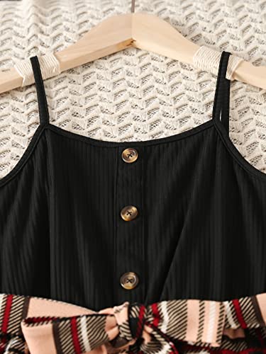 Shenhe Girl's Plaid Button Up Sleeveless Spaghetti Strap Belted Cami Jumpsuits Apricot Black 11-12Y #TOP2