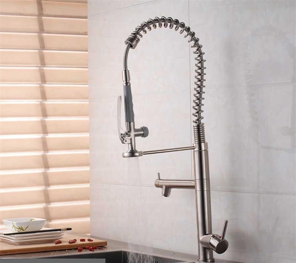 SnamicE Kitchen Tap Deck Mounted Spring Pull Down Kitchen Faucet, Swivel Handheld Sprayer Dual Spout Mixer Tap, Cold Hot Water Tap,Brushed Nickel