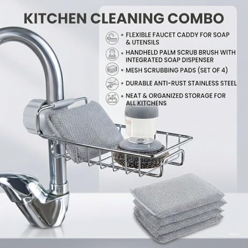 Image of ABSTER Kitchen Sink Accessories Combo Set | Stainless Steel Faucet Organizer Rack with Soap Dispensing Scrubber & Steel Cleaning Mesh Pads