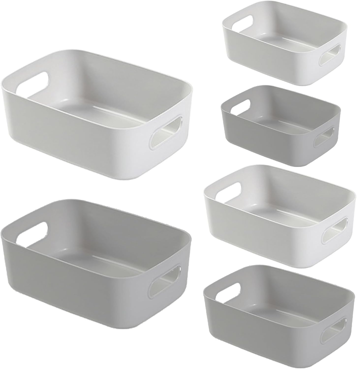 6-Pack Plastic Storage Bins Baskets of 3 Sizes, Cabinet Organizer Pantry Organizing Baskets with Handles, Cupboard Box Containers for Home Kitchen Bathroom Classroom Office, White and Gray