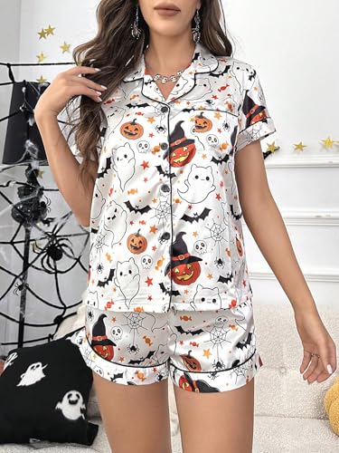 Women's Lounge Sets Ghost Pumpkin Graphic Short Pajamas Set Halloween Loungewear Two-Piece Holiday Outfits