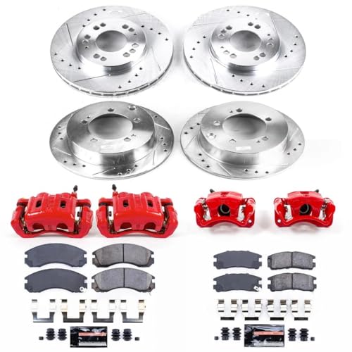 Image of PowerStop Front and Rear Brake & Caliper Kit for Mitsubishi Eclipse 2000 | Mitsubishi Galant 1999-00 - Carbon-Fiber Ceramic Brake Pads + Drilled & Slotted Rotors + Red Powder Coated Calipers, KC802A