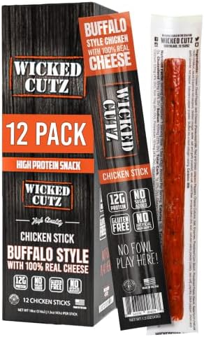 Wicked Cutz Meat & Cheese Sticks, Flavorful, Tender Buffalo Chicken & 100% Real Pepper Jack Cheese Premium Craft Jerky Sticks with 12G of Protein, Gluten Free, High Protein Snacks, 12 Pack, 1.5oz