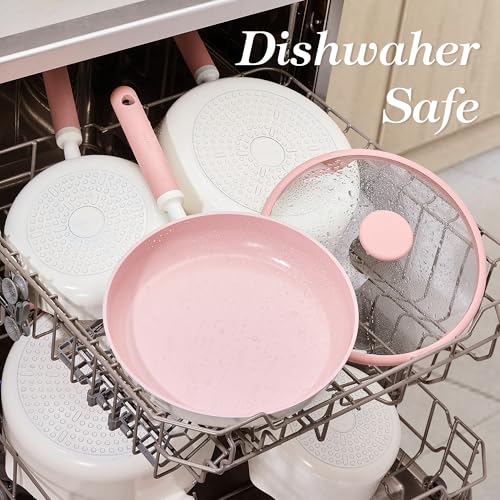 Image of CAROTE 11 Inch Nonstick Deep Frying Pan with Lid, 5 Qt Chef Saute Pan with Pour Spout, Skillet Induction Cookware, Non Stick Cooking Pan Kitchen Pan, Healthy & PFOA /PFAS Free, Includes Spatula, Pink