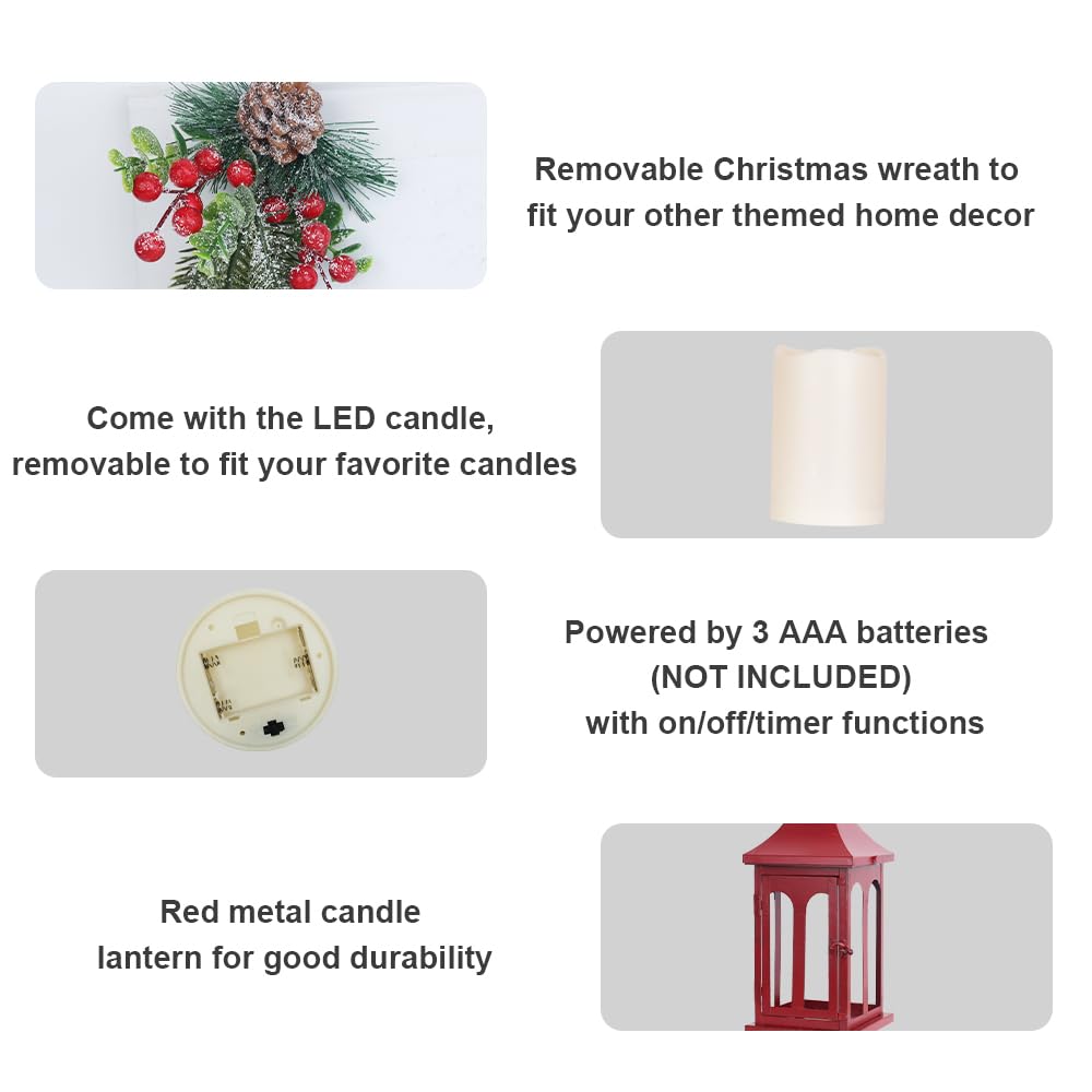 Decoraciones navideñas para el hogar, farol decorativo de Navidad para interiores y exteriores, portavelas colgante de metal con corona de lágrima de Navidad y vela LED para centros de mesa,