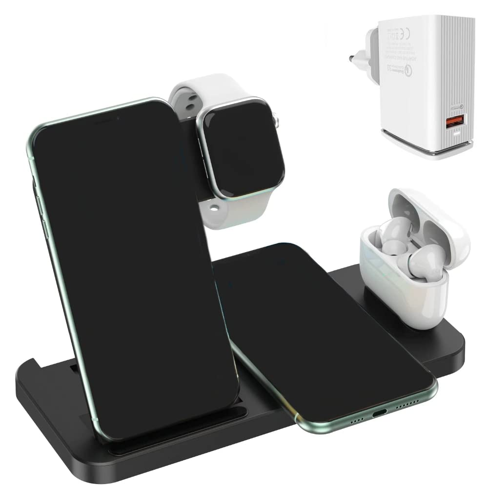 T Teclusive 15W 4 In 1 Qi Dual Fast Wireless, Usb Charger Charging Stand With 18W Adapter Compatible For Iphone 13 12 11 Iwatch Series 7 6 Se 5 Airpod, Cellular Phones