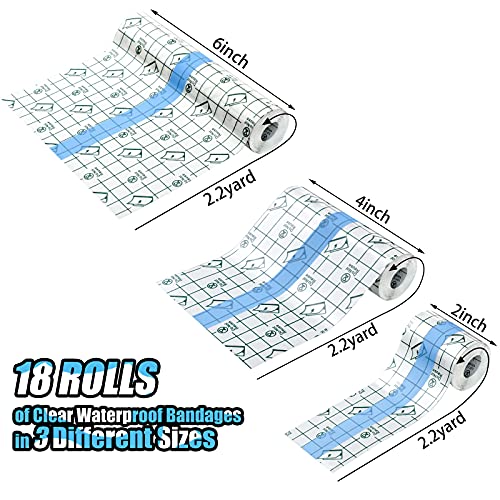 18 Rolls Waterproof Bandages For Swimming Waterproof Film Dressing Roll Waterproof Tape For Skin Adhesive Bandages For Shower, Tattoo, Swimming, 3 Sizes #TOP1