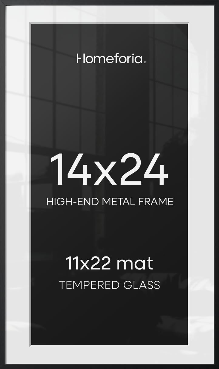 Homeforia 14x24 Black Picture Frame, High-End Metal, 11x22 Mat, Glass