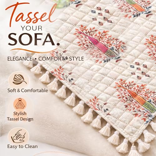 Image of HOKIPO Royal Kalamkari Quilted Sofa Cover 5 Seater with Tassels Set - Sofa Cover for Seat & Back | 'Tassel Twigs' Series (NEW-IN-991-T2 + IN-989-T2)