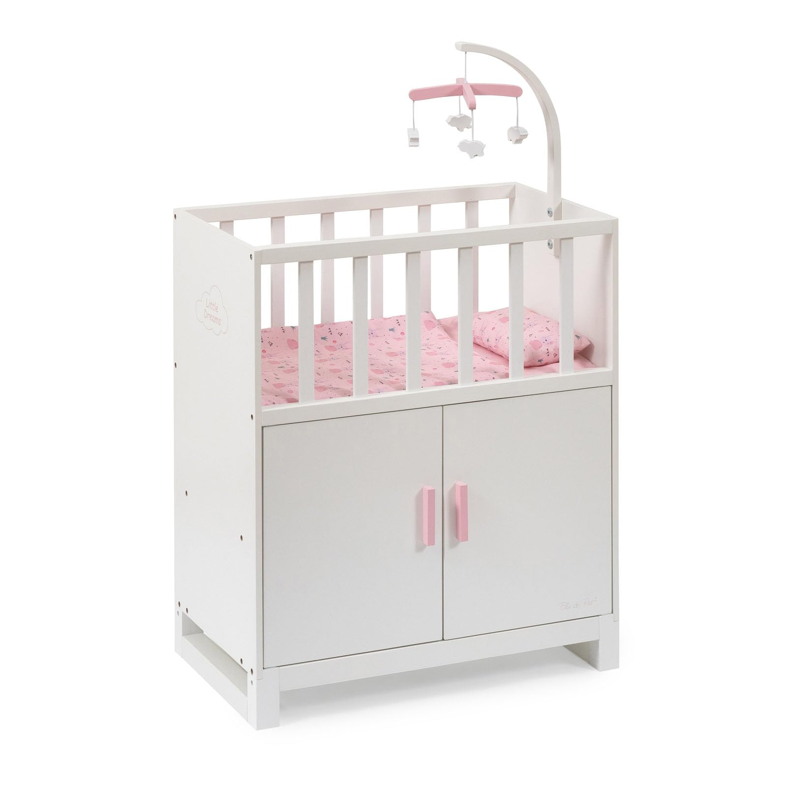 Puppenbett Cozy mit Schrank und Mobile aus Holz (Weiß-Rosa)