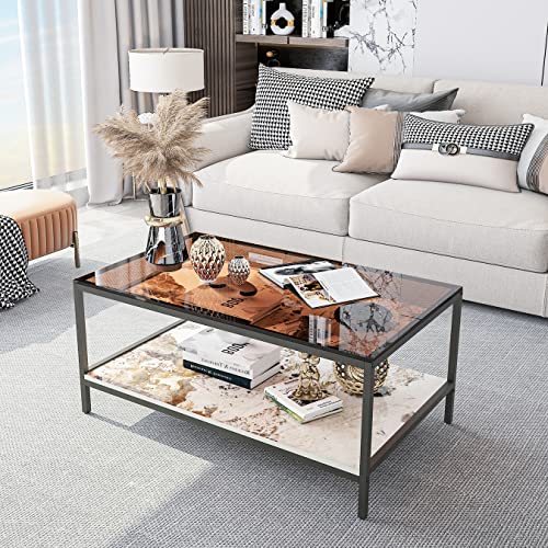 Artloge Meuble Salon Table Basse Rectangulaire: Meubles de Salon avec Plateau en Verre Trempé et Étagère en Effet Marbre 100x60x43cm