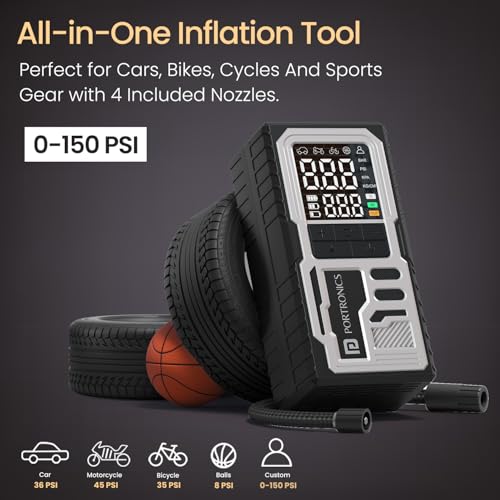 Image of Portronics Vayu 10 Type-C Rechargeable Tyre Inflator, 2 x2000 mAh Batteries, Digital Display, 150 PSI, Preset Modes, Flashlight with SOS, Pressure Detection, for Cars, Bikes, Bicycles & Sport Balls