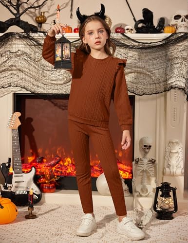 Image of Arshiner Toddler Girl 2Pcs Ribbed Knit Clothes Ruffle Trim Long-sleeve Pullover Sweatshirt and Leggings Fall Outfits 1-6T