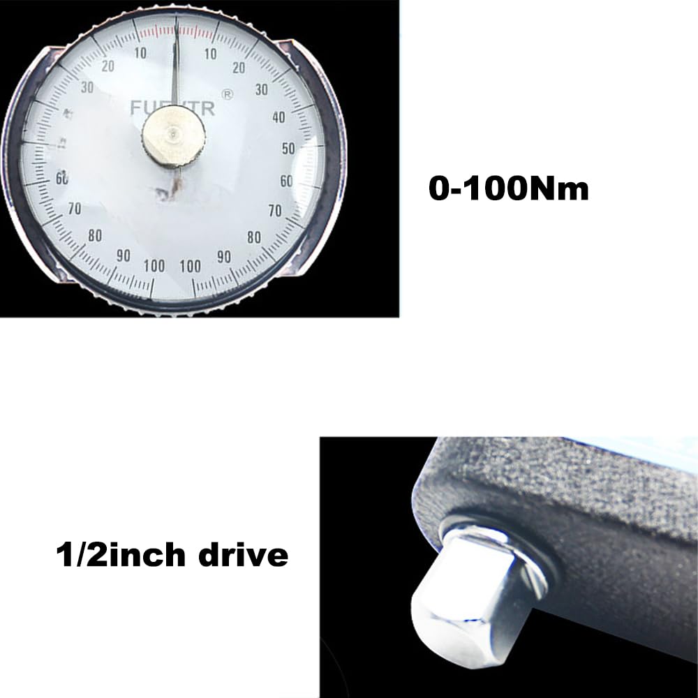ThreeH Clé dynamométrique à cadran 0-100 Nm/0-73,76 ft·lb 1/2" Drive Precision Torque Meter Test Outil de mesure Clé Clé pour réparation de machines automobiles