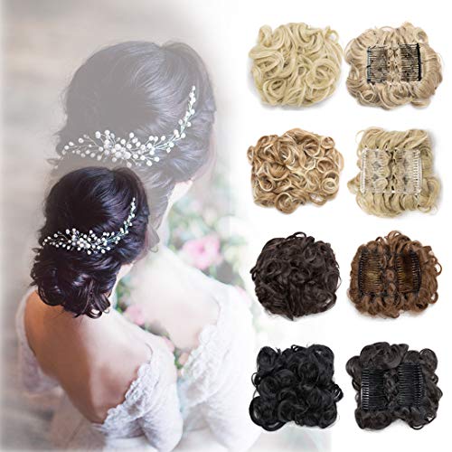 Benehair Messy Bun Hair Piece with Combs Clip in Bun Scrunchie Juva Bun Dish Fluffy Wavy Hair Updo Easy Stretch Big Chignon Short Ponytail Hairpiece for Women Light Ash Brown to Bleach Blonde 90g