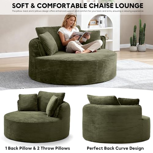 Image of Oversized Round Chair Lounge Chaise Indoor, 53.5 inch Upholstered Corduroy Deep Seat Single Cloud Sofa Chair, Fluffy Modern Large Circle Boneless Sleeper Sofa for Living Room, Bedroom, Green