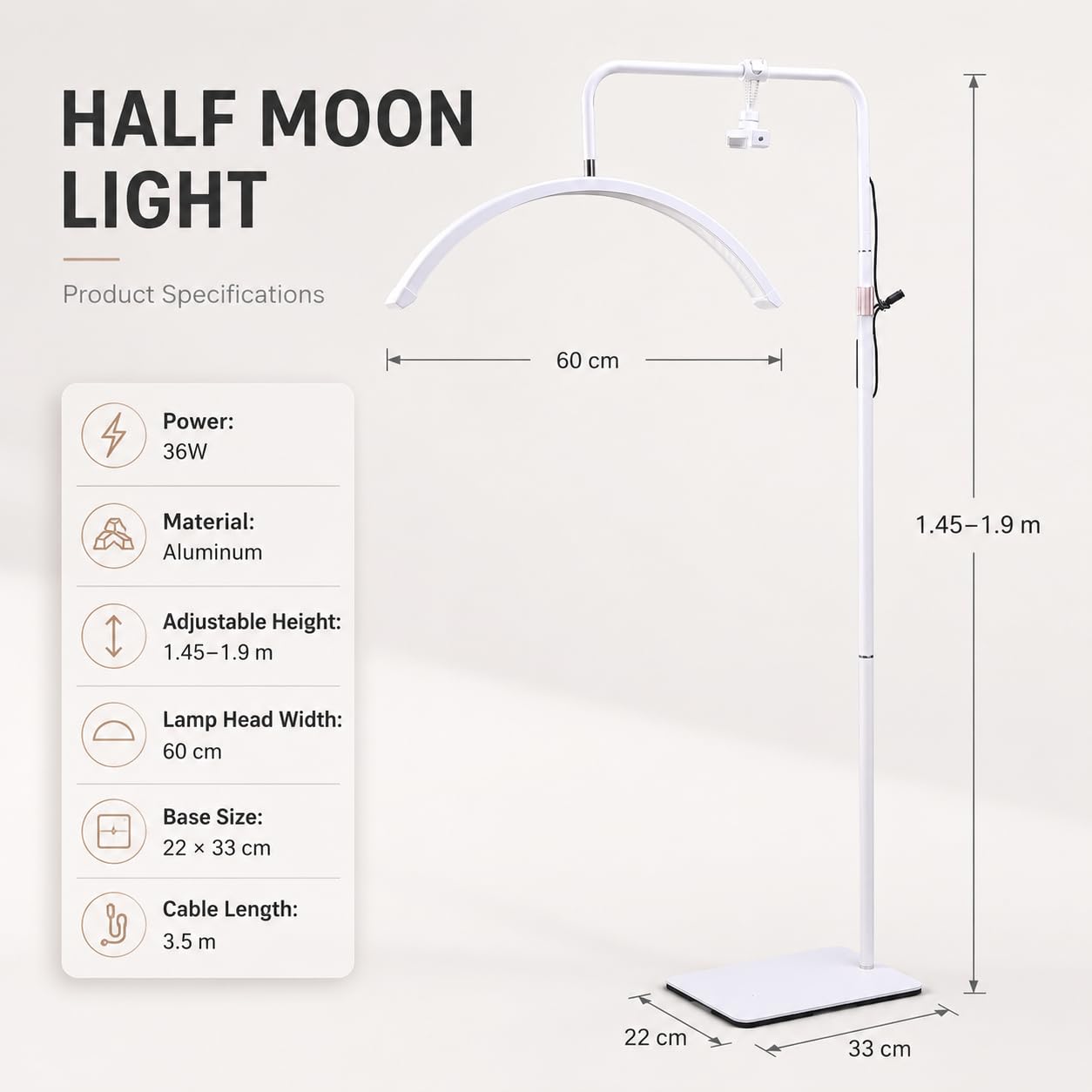 Lampada Mezza Luna Estetica con Telecomando,Lampada Extension Ciglia Professionale,Lampada Lashmaker,Luce Led Centro Estetico,Lampada Da Terra Nero Estetista per Unghie,Tattoo (bianco, 36W)