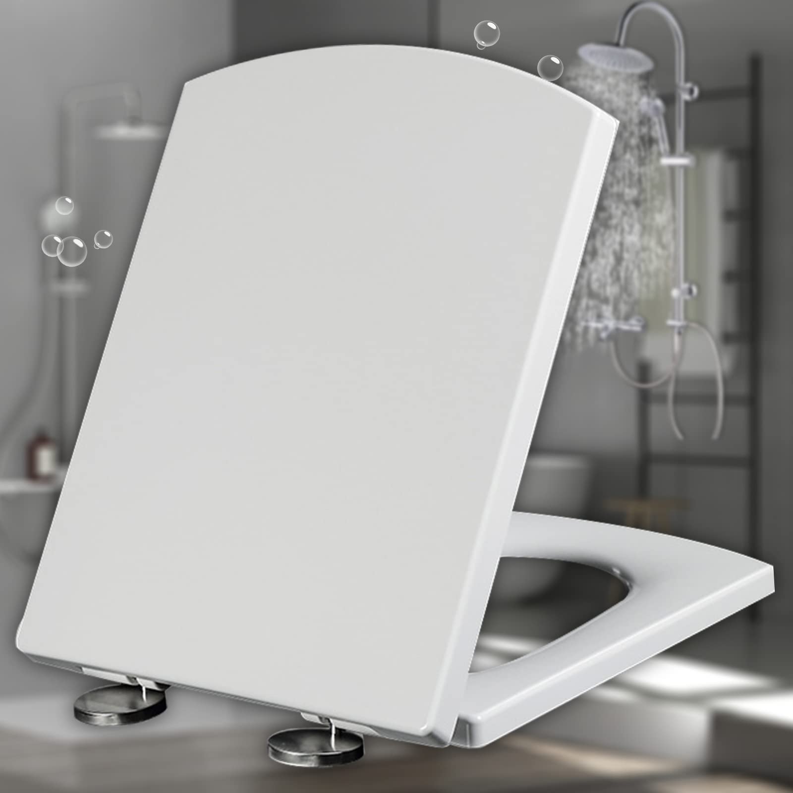 White Soft Close White Square Toilet seat, Quick Release Adjustable Slow Hinges, Standard fit, Lightweight, Durable, Portable, User-Friendly, Compact, Universal