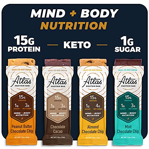 Atlas Protein Bar, Keto snack, Breakfast, Pre/Post workout, Organic Ashwagandha, Grass Fed Whey, Low Sugar, Low Carb, Gluten Free, 10 pack, Chocolate Lovers