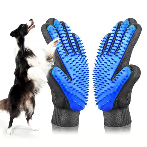 [UPGRADE] Pet Grooming Glove - Gentle Deshedding Brush Glove - Efficient Pet Hair Remover Mitt - Enhanced Five Finger Design - Perfect for Dog & Cat with Long & Short Fur - 1 Pair (BLUE)
