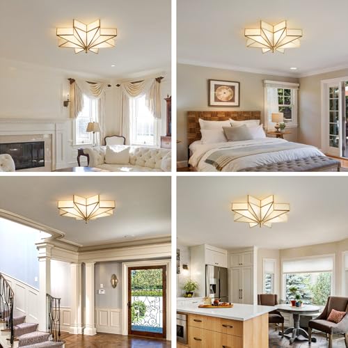 Image of Star Brass Ceiling Light - 19.7 In Large Gold Milk Glass Flush Mount