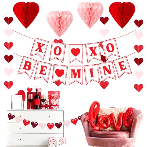 Image of Galentines Party-Decoration Valentines Heart Garland - 25pcs Red Rose-Gold Paper Streamers Honeycomb Fans XOXO BEMINE Banner, Anniversary Baby Shower Wedding Love Hanging Supplies Decor Hugfond