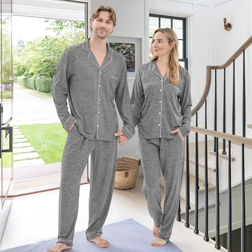 Matching Pajamas for Couples, Button Down Loungewear Soft Warm Long Sleeve Sleepwear His and Hers Pajamas Sets2