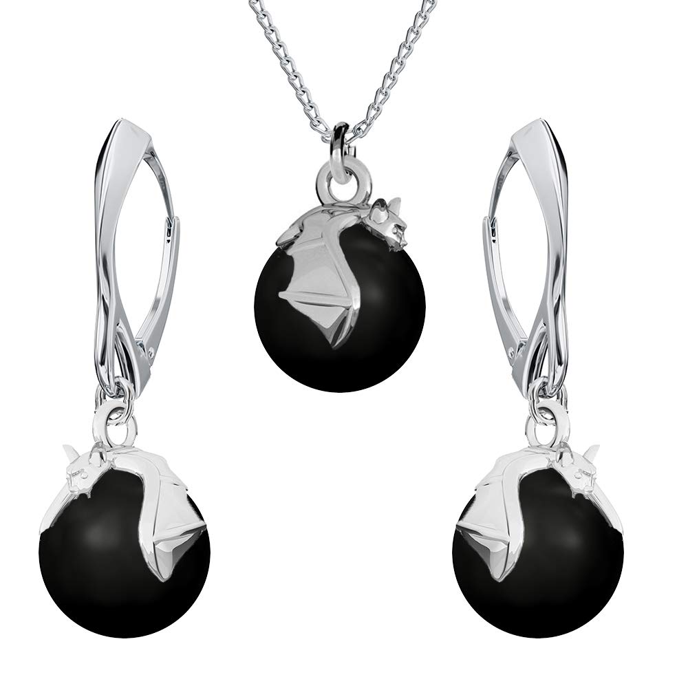 Panda-Jewellery Juego de joyas de plata de ley 925 con perlas – murciélago – pendientes para mujer – collar con colgante – joyas para mujer con caja de regalo