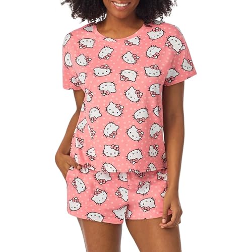 Richard Leeds International Womens Hello Kitty 2 Piece Matching Pajama Set - Short Sleeve PJs Top & Shorts with Pockets - Sleep & Loungewear Pajamas Sets for Women, Pink Medium