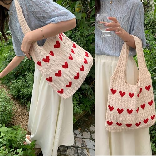 Kawn® Premium Knitted Heart Pattern Tote Bag Large Stylish and Durable Trendy bag for Everyday Use Beach Shopping Travel Work – Comfortable and Trendy Design