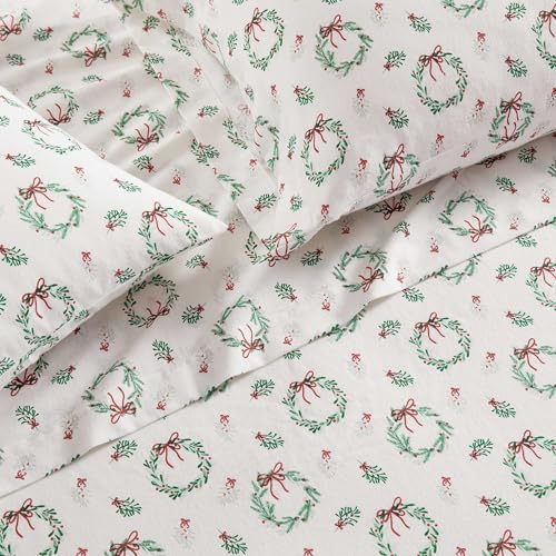 Image of Martha Stewart - Flannel Sheets Queen Size, Anti-Pilling & Wrinkle Resistant Cotton, Touchably Soft for All-Season Comfort - Matching Pillowcases & Fitted Sheet (Wreaths & Mistletoe Green)