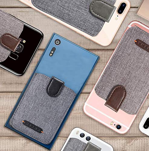 Image of Card Holder for Back of Phone RFID 5 Pull Credit Card Cash Cell Wallet Pocket Canva Leather Case for iPhone /Android /Samsung /Smartphones (Black) | FID-blocking pull-up card holder fits 5 credit cards & cash. Canvas & leather phone case holder compatible with most phones