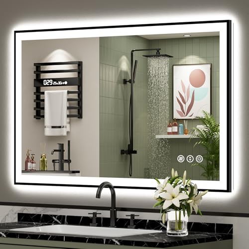 Image of 48x32 Black Framed LED Bathroom Mirror with Lights, Backlit and Front Lit Anti-Fog Lighted Vanity Mirror for Bathroom Wall, Dimmable, 3 Colors, Memory, Shatter-Proof, HD Tempered Glass, CRI 95