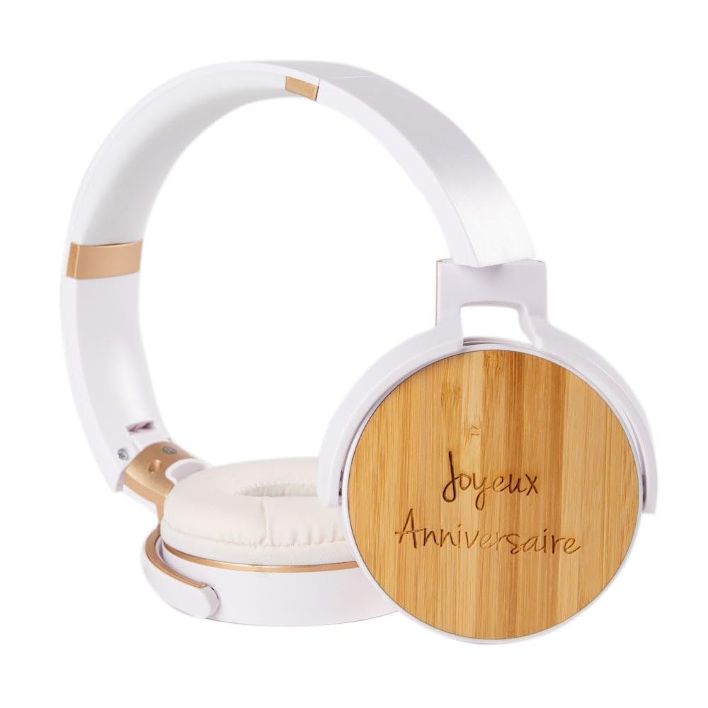 Ocadeau Cuffie wireless personalizzate con testo inciso - Cuffie bluetooth in plastica e legno bianco con testo inciso