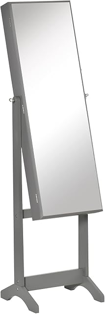 HOMCOM Jewellery Cabinet with Full-Length Mirror, Mirror Armoire, Lockable Jewellery Organiser for Bedroom Dressing Room, Grey